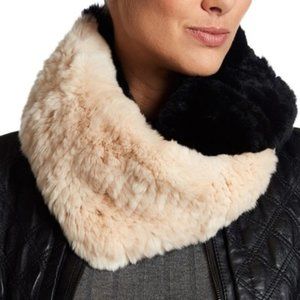 Surell Luxe Tan & Black Color Block Rex Rabbit Fur Infinity Neck Wrap Scarf
